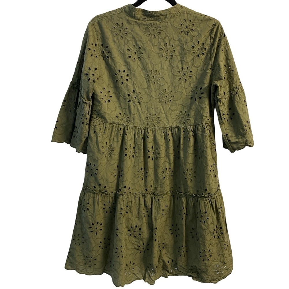 Valentina Naldi Olive Green Floral Eyelet Tiered Scalloped Cotton Dress Sz S - Picture 3 of 8